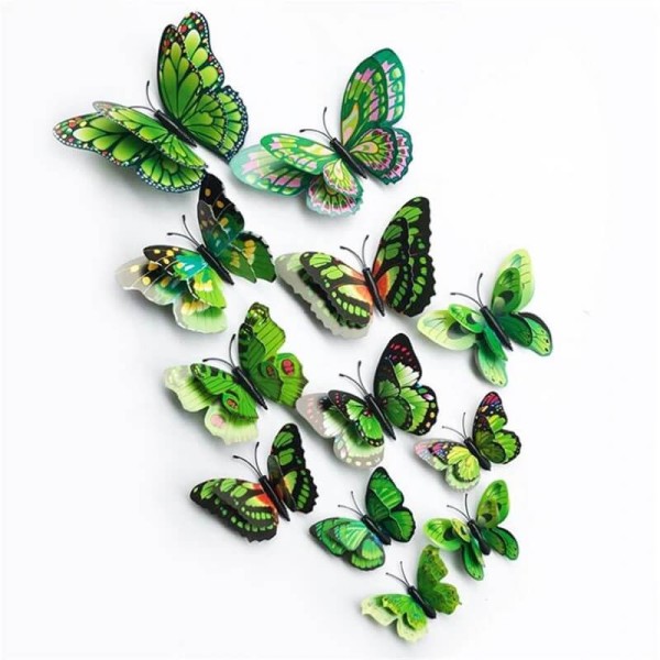 Fluturi 3D cu magnet, dubli, decoratiuni casa sau evenimente, set 12 bucati, verde, A11